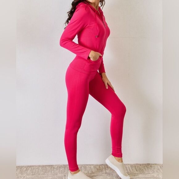 Women's Matching Drawstring Zip Hoodie & Leggings Set sz Large Pink Athleisure - Picture 1 of 5